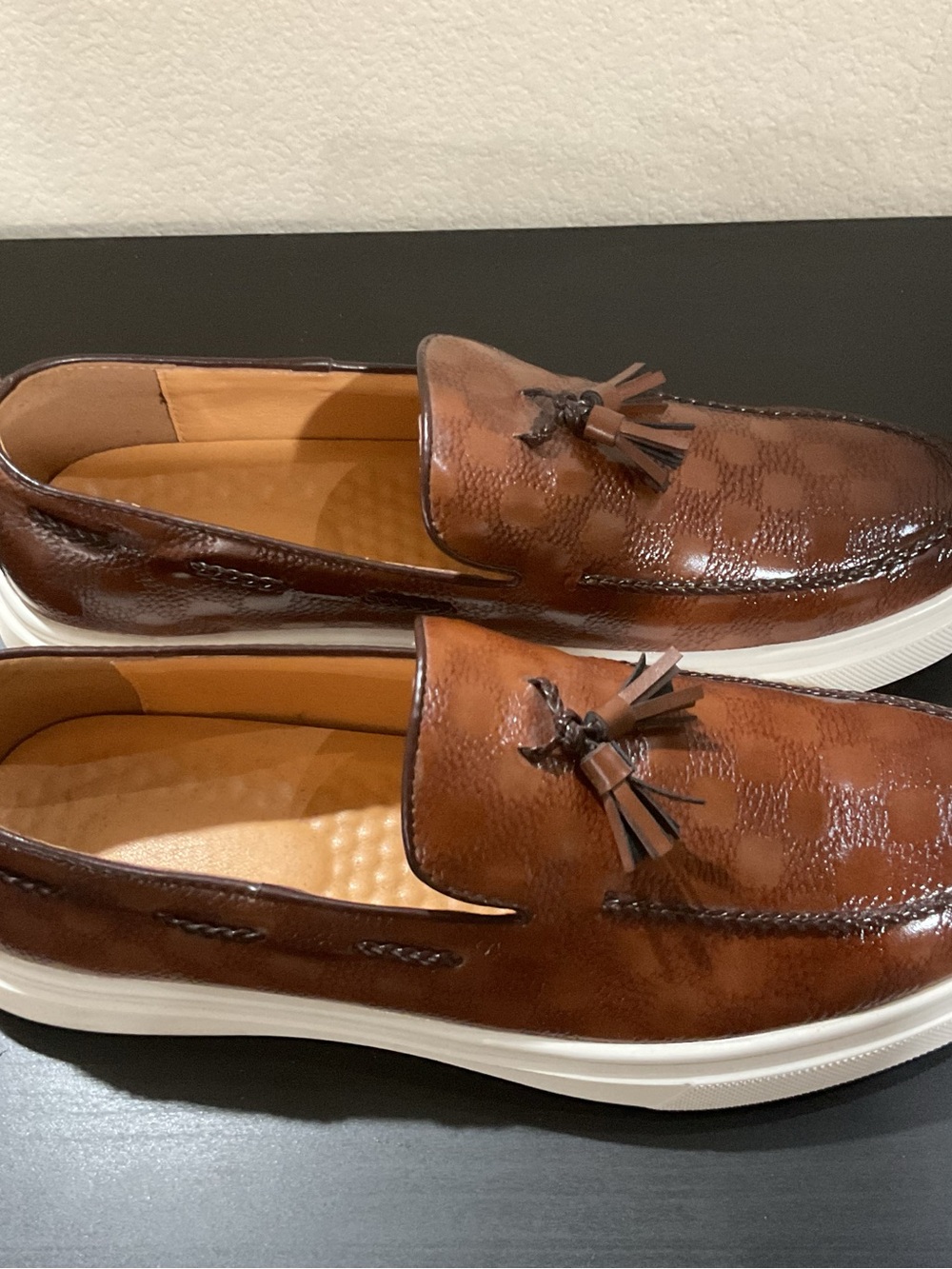 Men's Tan Leather Tassel Slip-On Loafers with White Sole